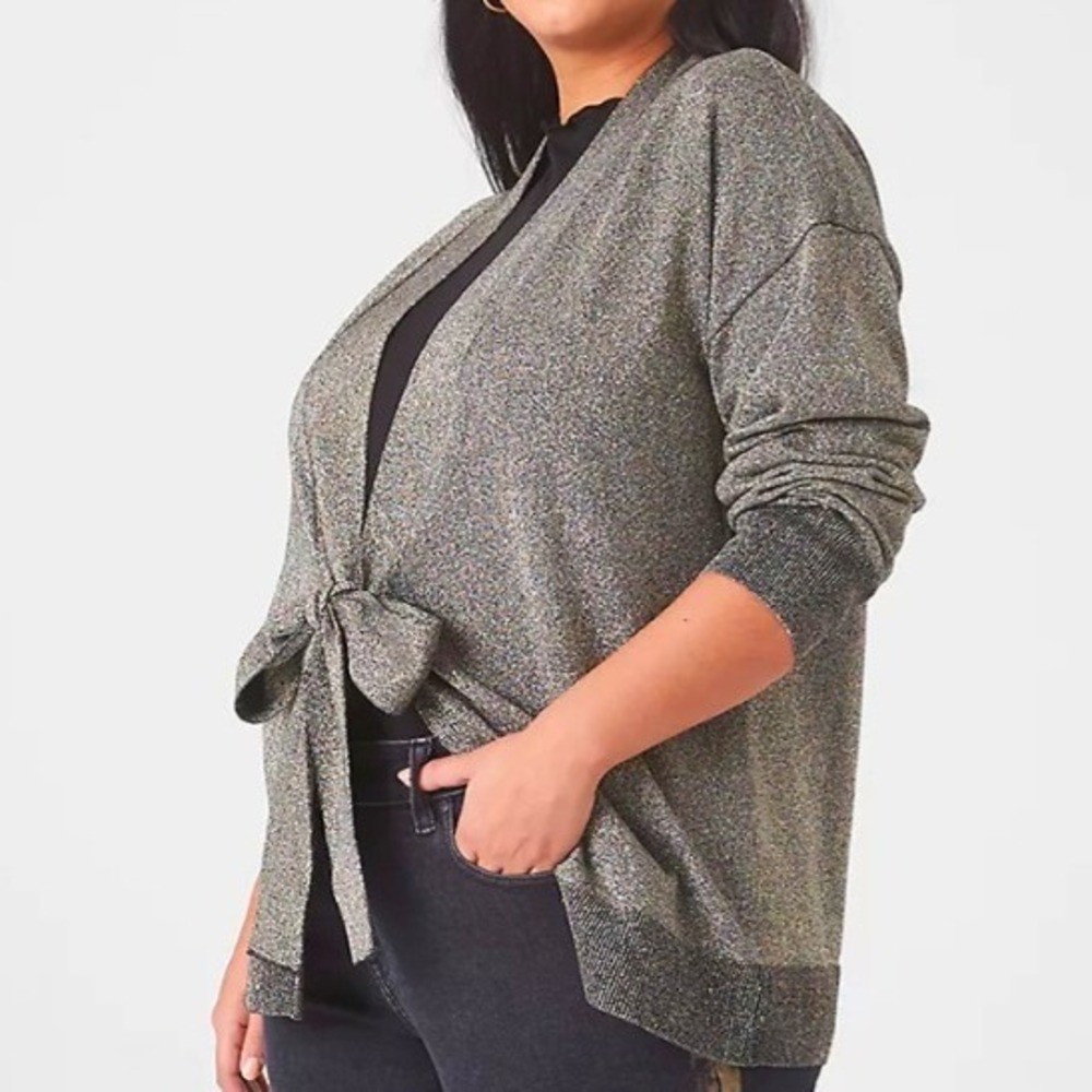 Lane Bryant Metallic Tie Front Cardigan Gold Black Plus Size 18/20 Sweater Fall
